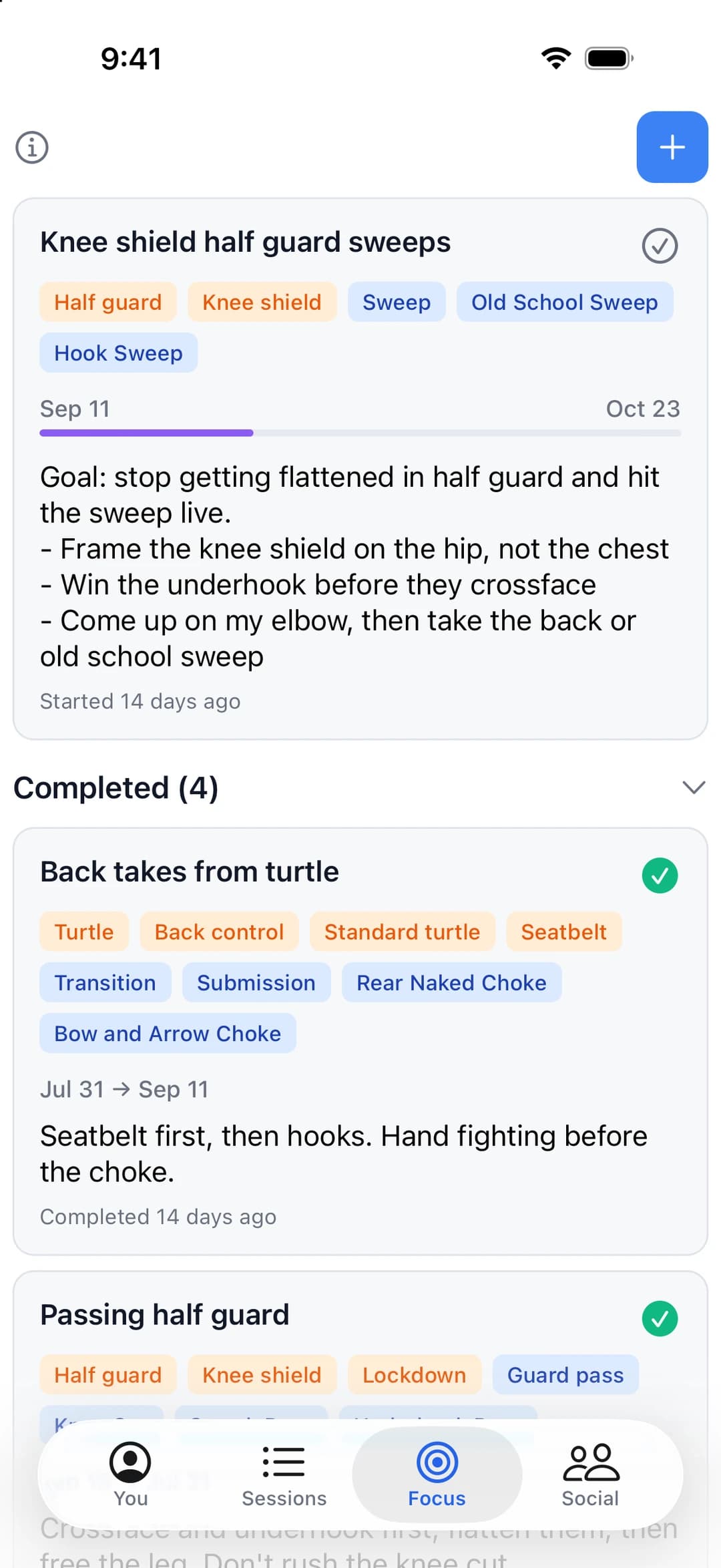 GrappleDex Focus tab with an active knee shield half guard focus and completed focus blocks