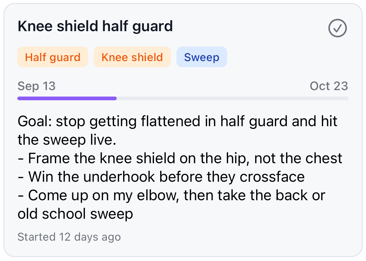 A GrappleDex focus called Knee shield half guard, tagged with half guard, knee shield and sweep, running from mid-September to October 23 with notes on the key details