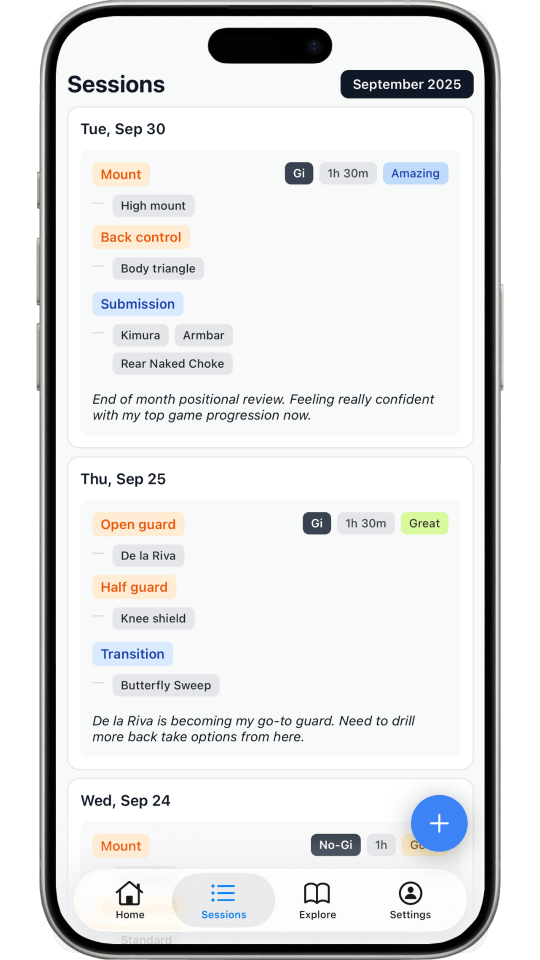 GrappleDex Sessions Screen
